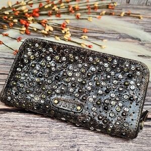 NEW FRYE DEBORAH BROWN LEATHER STUDDED ZIP-AROUND WALLET